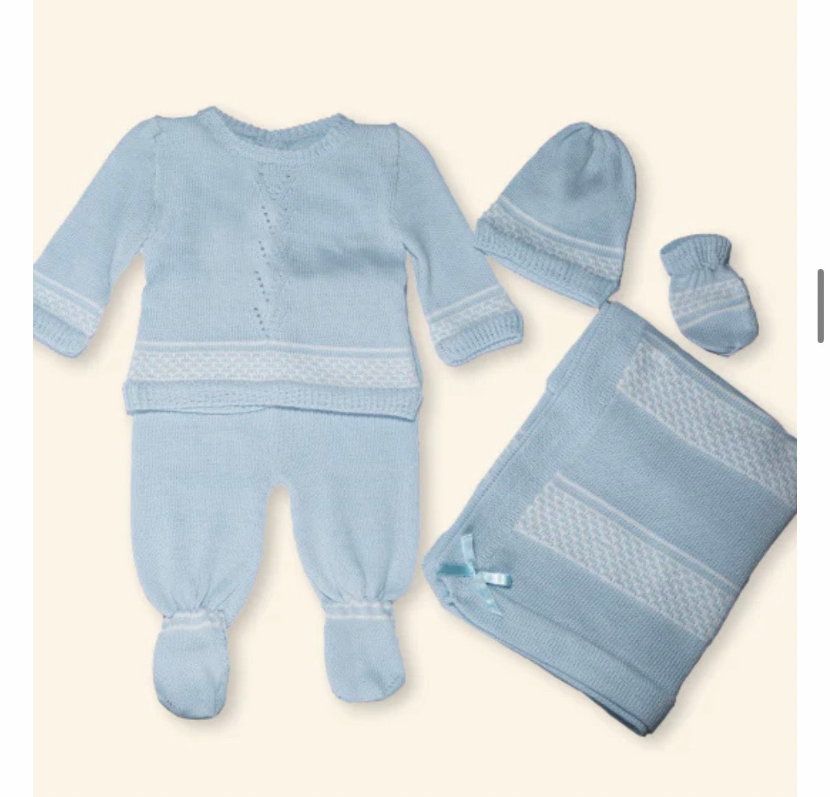 Newborn boy cotton knit set with matching blanket